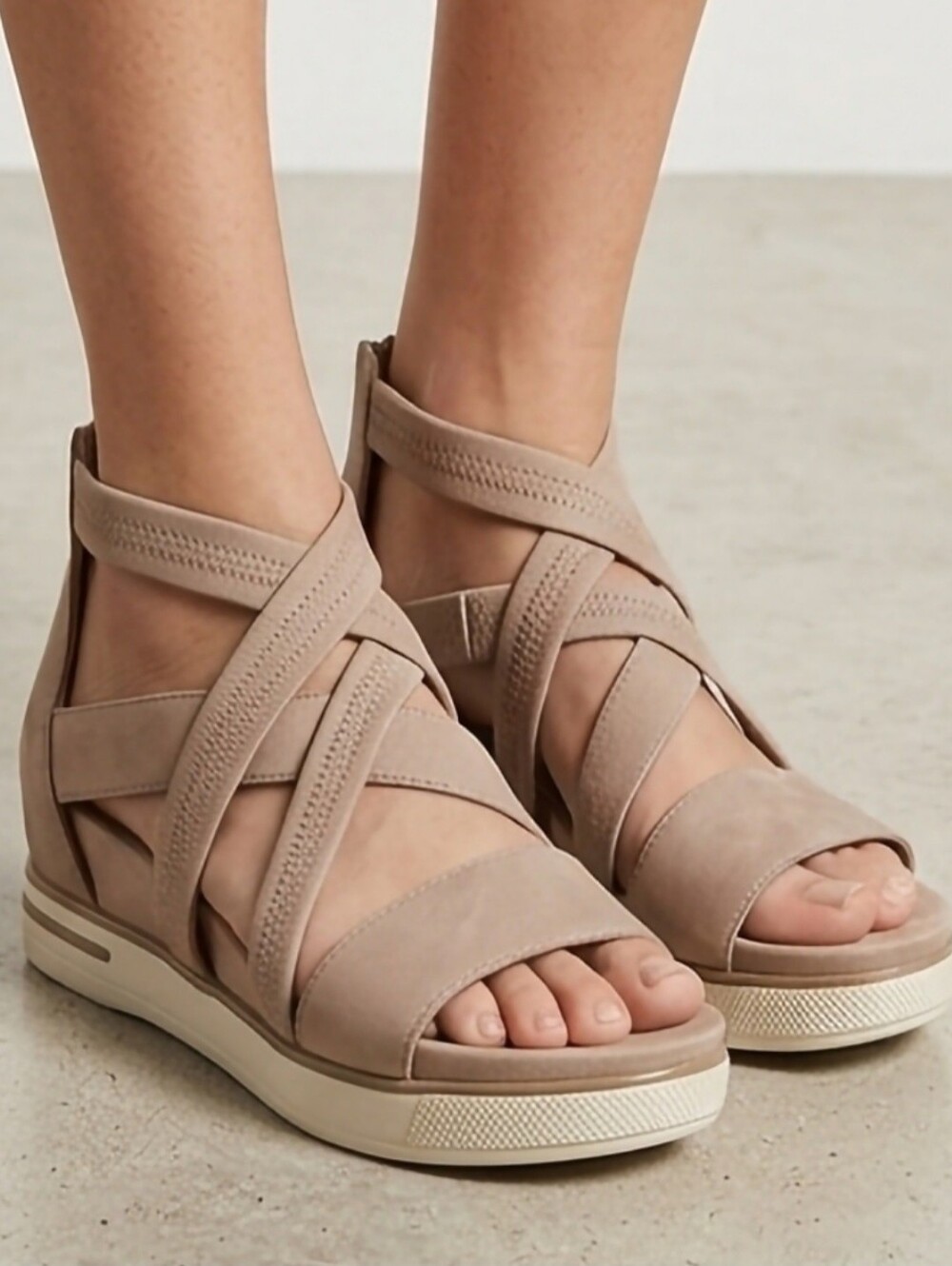 Eileen Fisher Skill Nubuck Leather Beige Cross-Strap Wedge Sandals US 8.5